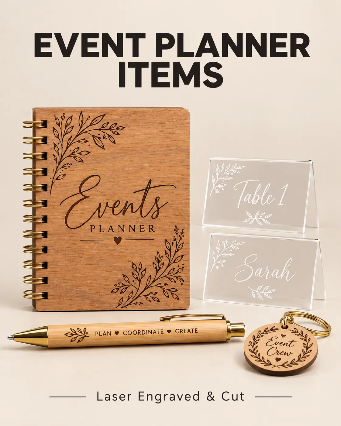 Engraved event planner, acrylic table signs, pen and keychain