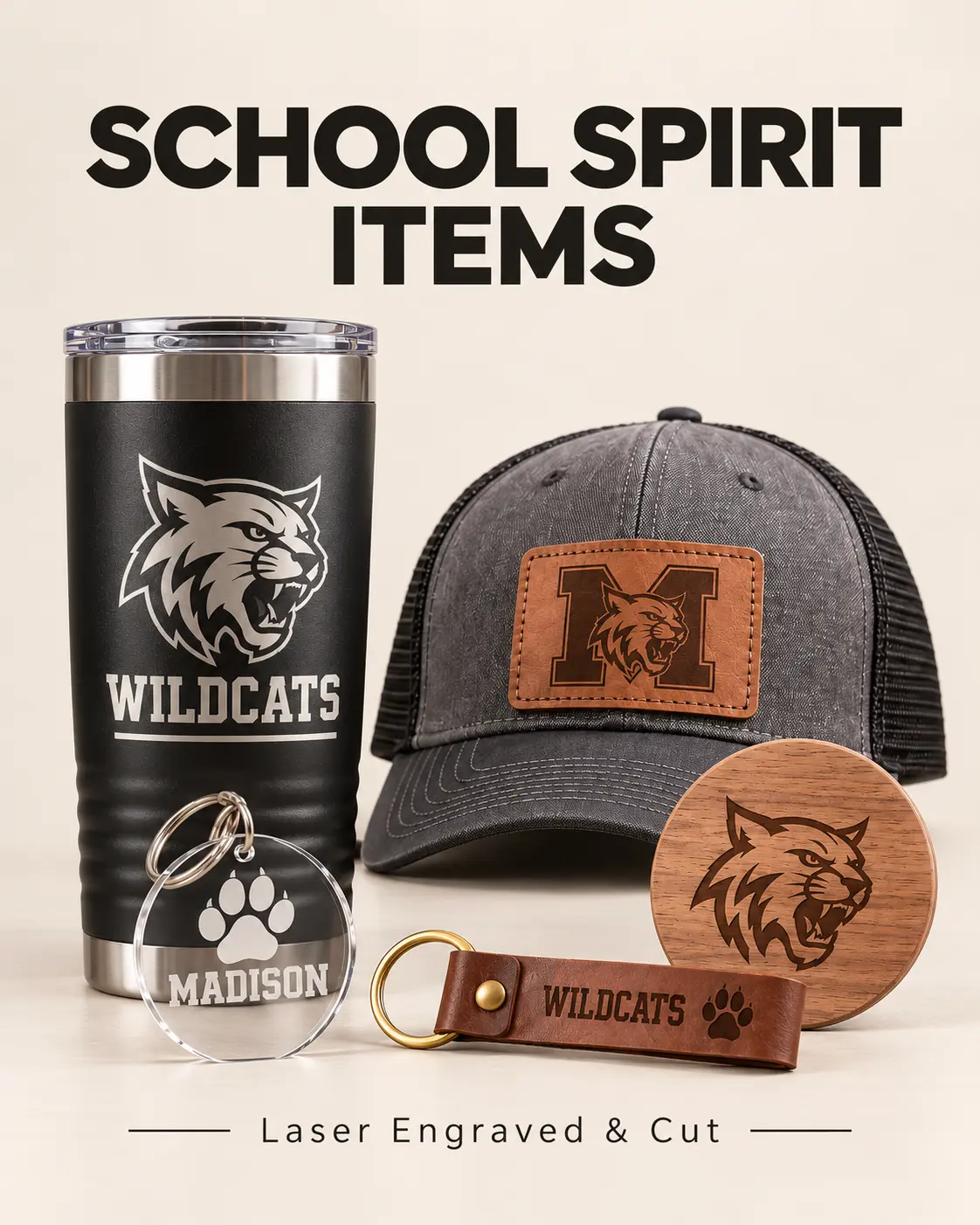 School spirit products with engraved leather, acrylic and wood details