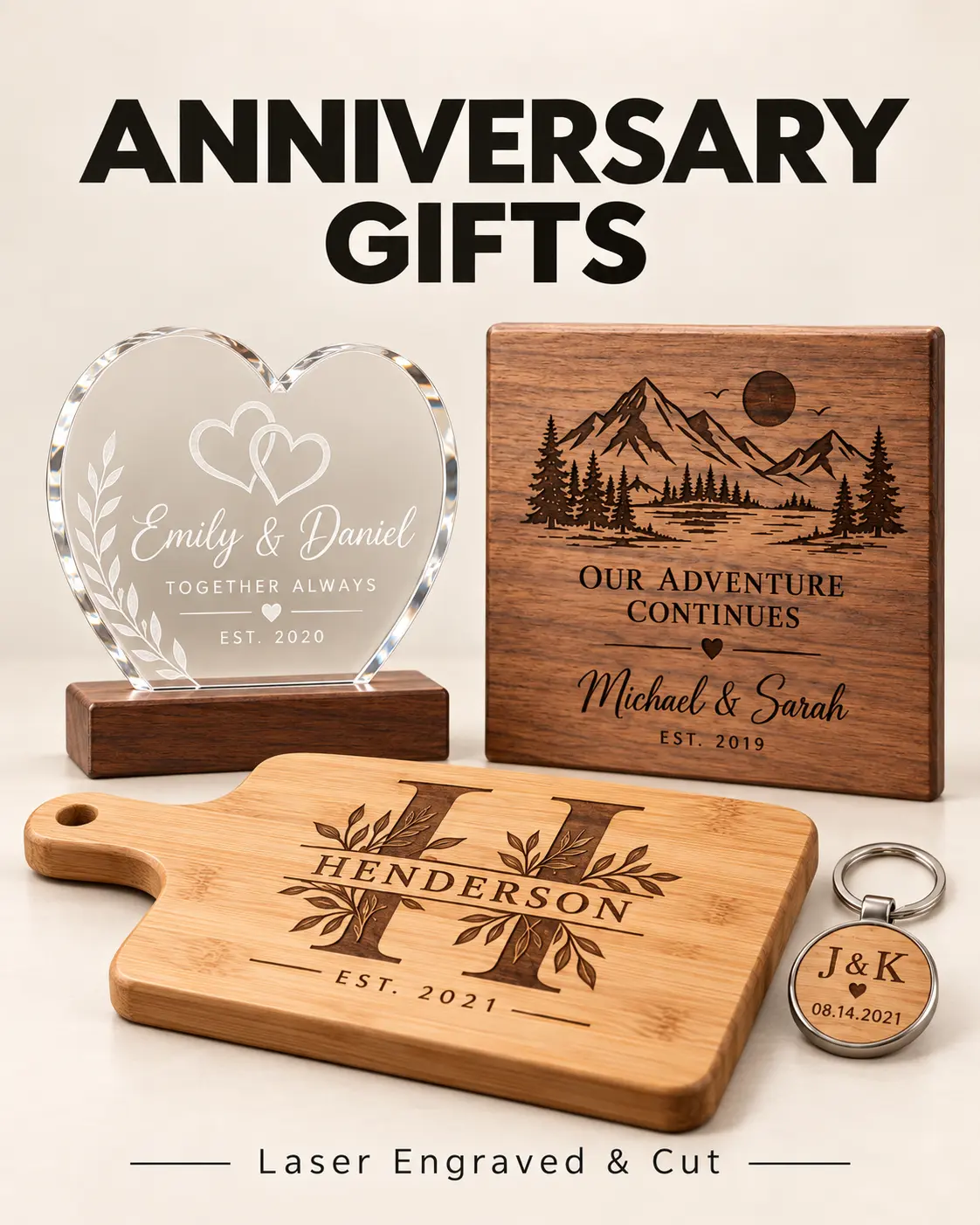 Personalized anniversary gifts engraved in acrylic and wood
