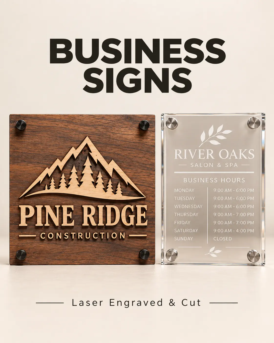 Custom engraved wood and acrylic business signs