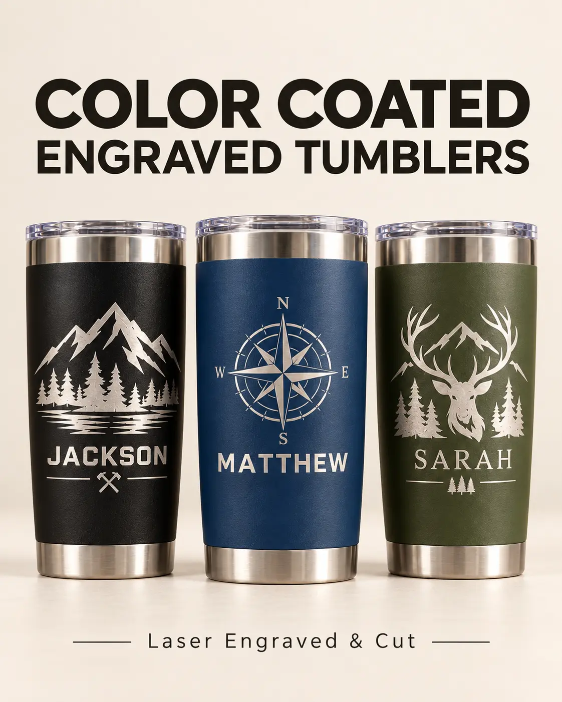 Three personalized color-coated engraved tumblers