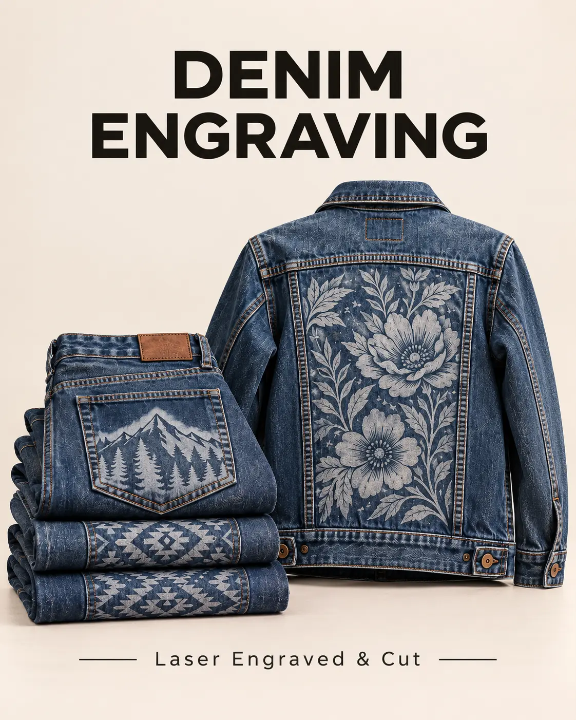 Floral and mountain artwork laser engraved onto denim clothing